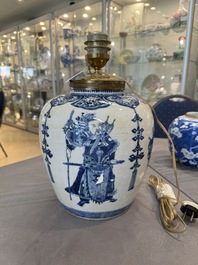 A Chinese blue and white 'dragon' vase, one jar mounted as lamp, two jars and a plate, Chenghua mark, 19th C.