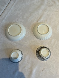 Two Chinese export grisaille cups and saucers and a plate, Qianlong