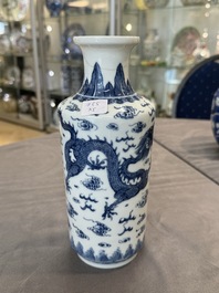 A Chinese blue and white 'dragon' vase, one jar mounted as lamp, two jars and a plate, Chenghua mark, 19th C.