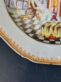 A Chinese export famille rose 'Building of the Temple of Solomon' plate, Qianlong, ca. 1760