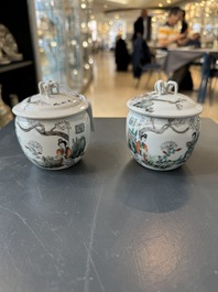 A Chinese famille verte vase, two famille rose jars and three covered jars, 19th C.