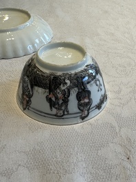 Two Chinese export grisaille cups and saucers and a plate, Qianlong