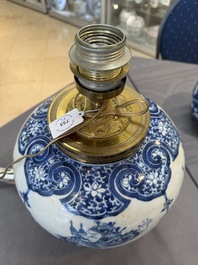 A Chinese blue and white 'dragon' vase, one jar mounted as lamp, two jars and a plate, Chenghua mark, 19th C.