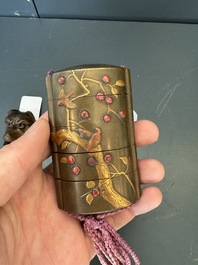A Japanese lacquerware inro with a bird-shaped netsuke, a wooden 'fox' mask and a silver box, Chang Jia Zhai 常嘉斋 mark, 19th C.