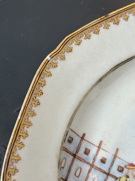 A Chinese export famille rose 'Building of the Temple of Solomon' plate, Qianlong, ca. 1760