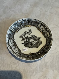 Two Chinese export grisaille cups and saucers and a plate, Qianlong