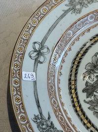Two Chinese export grisaille cups and saucers and a plate, Qianlong