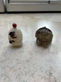Two Chinese agate snuff bottles in the form of a bird and a pekinese, 19th C.
