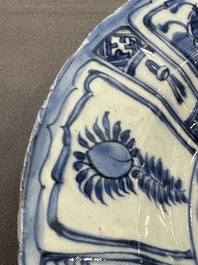 A Chinese blue and white kraak porcelain dish with birds among blossoming branches, Wanli