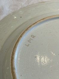 Two Chinese export grisaille cups and saucers and a plate, Qianlong