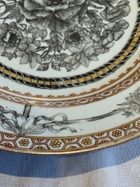 Two Chinese export grisaille cups and saucers and a plate, Qianlong