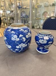 A Chinese blue and white 'dragon' vase, one jar mounted as lamp, two jars and a plate, Chenghua mark, 19th C.