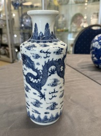 A Chinese blue and white 'dragon' vase, one jar mounted as lamp, two jars and a plate, Chenghua mark, 19th C.