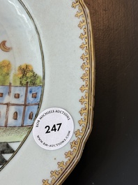 A Chinese export famille rose 'Building of the Temple of Solomon' plate, Qianlong, ca. 1760
