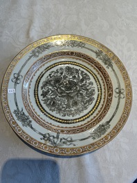 Two Chinese export grisaille cups and saucers and a plate, Qianlong