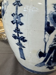 A Chinese blue and white 'dragon' vase, one jar mounted as lamp, two jars and a plate, Chenghua mark, 19th C.
