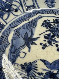 A Chinese blue and white kraak porcelain dish with birds among blossoming branches, Wanli