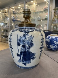 A Chinese blue and white 'dragon' vase, one jar mounted as lamp, two jars and a plate, Chenghua mark, 19th C.
