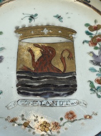 A Dutch-decorated Chinese famille verte armorial 'Provinces' dish with the arms of the province of Zeeland, Kangxi/Yongzheng
