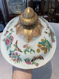 A Chinese Canton famille rose covered tureen on stand with flowers, fruits and insects, 19th C.