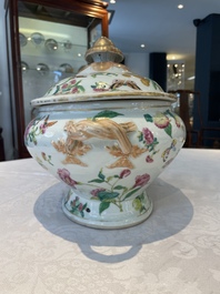 A Chinese Canton famille rose covered tureen on stand with flowers, fruits and insects, 19th C.