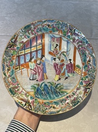 Five Chinese Canton famille rose plates with narrative design, 19th C.