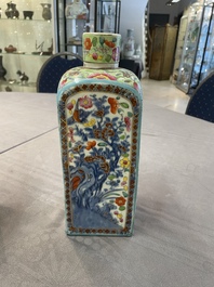 A pair of Chinese blue and white square flasks with European overdecoration, Kangxi