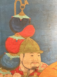 Chinese school: 'Portrait of a general with two servants', ink and colour on silk, Ming or later