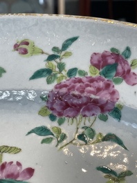 A Chinese Canton famille rose covered tureen on stand with flowers, fruits and insects, 19th C.