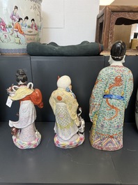 Three Chinese famille rose figures of deities, Deng Yifu 鄧義福 mark, 19th C.
