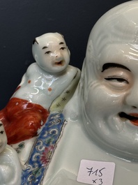 Three Chinese famille rose Buddhas, Zhu Mao Ji Zao 朱茂記造 mark, Republic