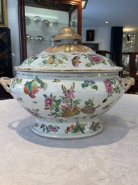 A Chinese Canton famille rose covered tureen on stand with flowers, fruits and insects, 19th C.
