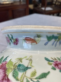 A Chinese Canton famille rose covered tureen on stand with flowers, fruits and insects, 19th C.