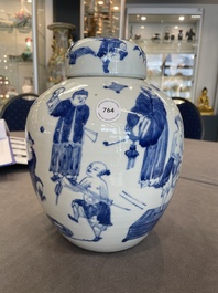 A rare Chinese blue and white 'figures' jar and cover, Kangxi mark, 19th C.
