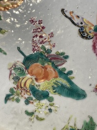 A Chinese Canton famille rose covered tureen on stand with flowers, fruits and insects, 19th C.