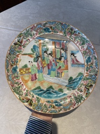 Five Chinese Canton famille rose plates with narrative design, 19th C.