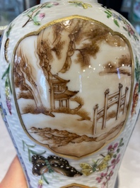 A pair of Chinese Canton famille rose vases and a pair of Dehua blanc de Chine drum-shaped covered jars, 19th C.