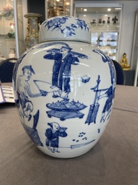 A rare Chinese blue and white 'figures' jar and cover, Kangxi mark, 19th C.