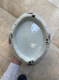 Two Chinese Canton famille rose dishes and a tazza, 19th C.