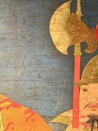 Chinese school: 'Portrait of a general with two servants', ink and colour on silk, Ming or later