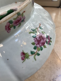 Two Chinese Canton famille rose dishes and a tazza, 19th C.