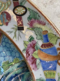 Two Chinese Canton famille rose dishes and a tazza, 19th C.