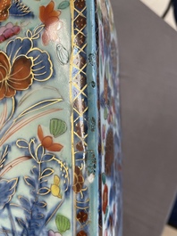 A pair of Chinese blue and white square flasks with European overdecoration, Kangxi