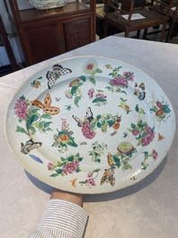 A Chinese Canton famille rose covered tureen on stand with flowers, fruits and insects, 19th C.