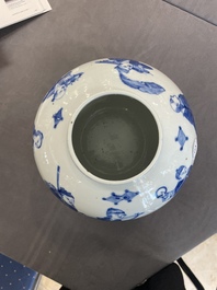 A rare Chinese blue and white 'figures' jar and cover, Kangxi mark, 19th C.
