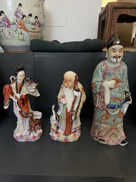 Three Chinese famille rose figures of deities, Deng Yifu 鄧義福 mark, 19th C.