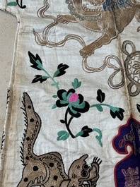 A Chinese gilt-metal embroidered silk 'animals' children's robe, 19/20th C.