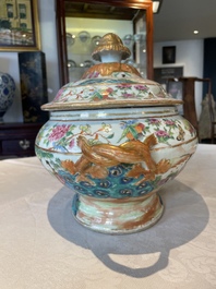 A Chinese Canton famille rose tureen and cover with narrative design, 19th C.
