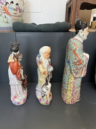 Three Chinese famille rose figures of deities, Deng Yifu 鄧義福 mark, 19th C.