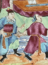 Five Chinese Canton famille rose plates with narrative design, 19th C.